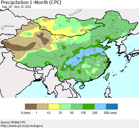 China, Mongolia and Taiwan Precipitation 1-Month (CPC) Thematic Map For 8/26/2021 - 9/25/2021