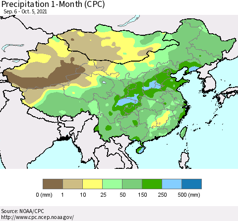 China, Mongolia and Taiwan Precipitation 1-Month (CPC) Thematic Map For 9/6/2021 - 10/5/2021