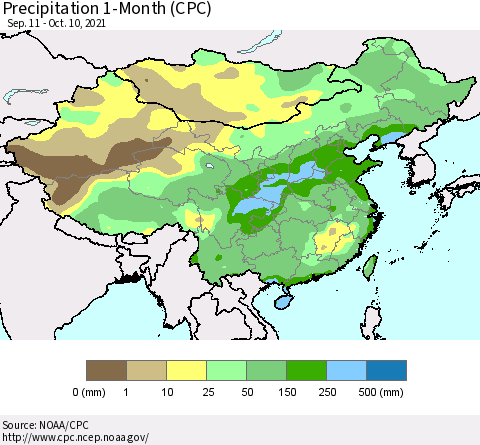 China, Mongolia and Taiwan Precipitation 1-Month (CPC) Thematic Map For 9/11/2021 - 10/10/2021