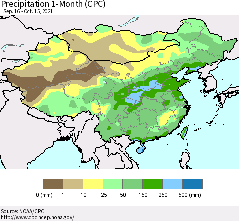 China, Mongolia and Taiwan Precipitation 1-Month (CPC) Thematic Map For 9/16/2021 - 10/15/2021