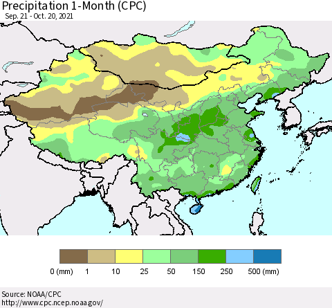 China, Mongolia and Taiwan Precipitation 1-Month (CPC) Thematic Map For 9/21/2021 - 10/20/2021