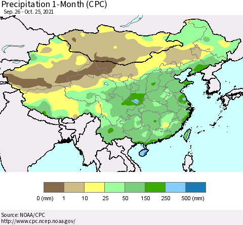 China, Mongolia and Taiwan Precipitation 1-Month (CPC) Thematic Map For 9/26/2021 - 10/25/2021