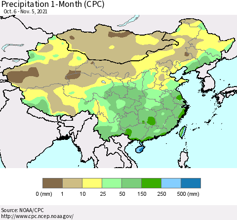 China, Mongolia and Taiwan Precipitation 1-Month (CPC) Thematic Map For 10/6/2021 - 11/5/2021