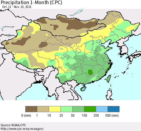 China, Mongolia and Taiwan Precipitation 1-Month (CPC) Thematic Map For 10/11/2021 - 11/10/2021
