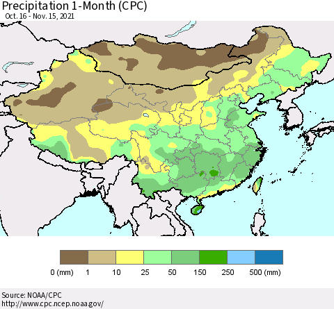 China, Mongolia and Taiwan Precipitation 1-Month (CPC) Thematic Map For 10/16/2021 - 11/15/2021