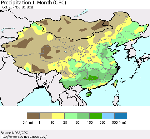 China, Mongolia and Taiwan Precipitation 1-Month (CPC) Thematic Map For 10/21/2021 - 11/20/2021