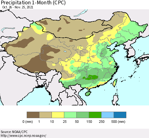 China, Mongolia and Taiwan Precipitation 1-Month (CPC) Thematic Map For 10/26/2021 - 11/25/2021