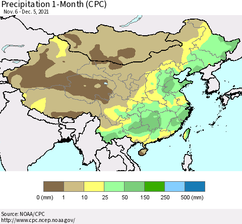 China, Mongolia and Taiwan Precipitation 1-Month (CPC) Thematic Map For 11/6/2021 - 12/5/2021