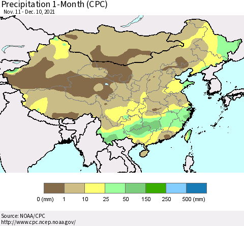 China, Mongolia and Taiwan Precipitation 1-Month (CPC) Thematic Map For 11/11/2021 - 12/10/2021