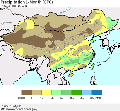 China, Mongolia and Taiwan Precipitation 1-Month (CPC) Thematic Map For 11/16/2021 - 12/15/2021