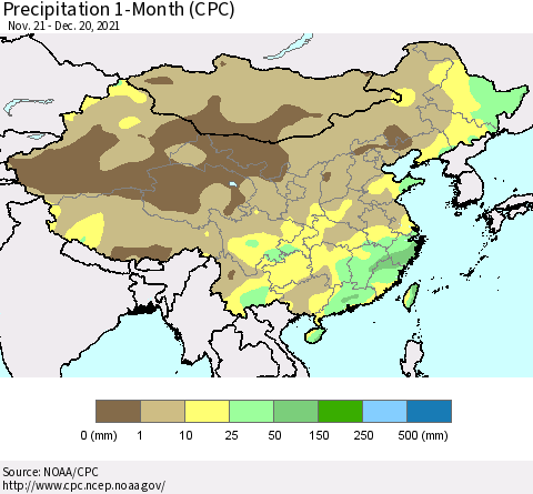 China, Mongolia and Taiwan Precipitation 1-Month (CPC) Thematic Map For 11/21/2021 - 12/20/2021