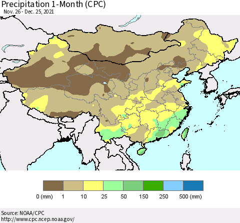 China, Mongolia and Taiwan Precipitation 1-Month (CPC) Thematic Map For 11/26/2021 - 12/25/2021