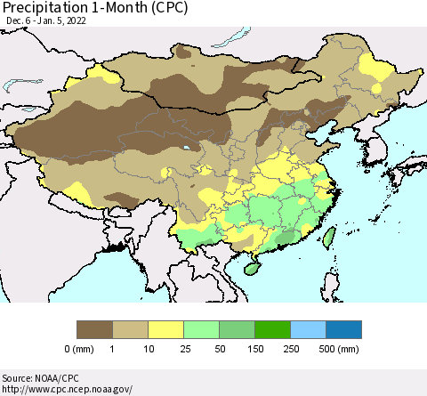 China, Mongolia and Taiwan Precipitation 1-Month (CPC) Thematic Map For 12/6/2021 - 1/5/2022
