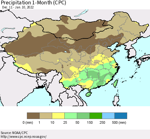China, Mongolia and Taiwan Precipitation 1-Month (CPC) Thematic Map For 12/11/2021 - 1/10/2022