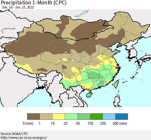 China, Mongolia and Taiwan Precipitation 1-Month (CPC) Thematic Map For 12/16/2021 - 1/15/2022