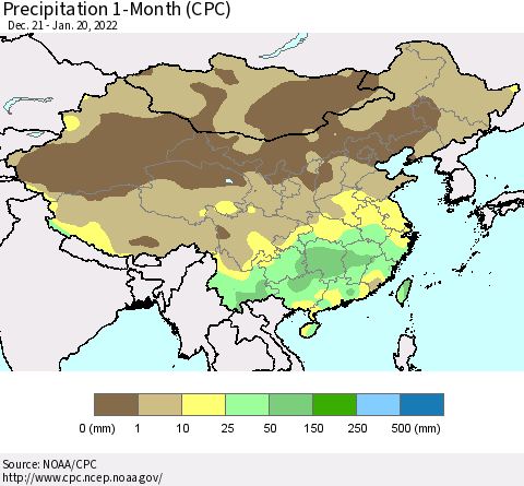 China, Mongolia and Taiwan Precipitation 1-Month (CPC) Thematic Map For 12/21/2021 - 1/20/2022