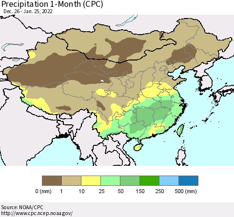 China, Mongolia and Taiwan Precipitation 1-Month (CPC) Thematic Map For 12/26/2021 - 1/25/2022