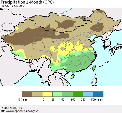 China, Mongolia and Taiwan Precipitation 1-Month (CPC) Thematic Map For 1/6/2022 - 2/5/2022