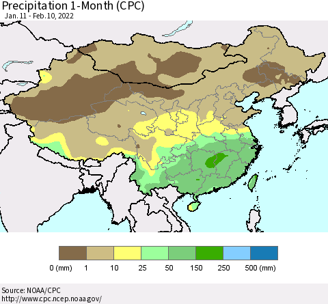 China, Mongolia and Taiwan Precipitation 1-Month (CPC) Thematic Map For 1/11/2022 - 2/10/2022