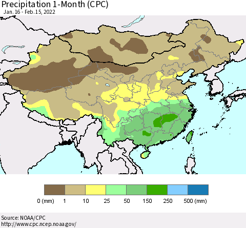China, Mongolia and Taiwan Precipitation 1-Month (CPC) Thematic Map For 1/16/2022 - 2/15/2022