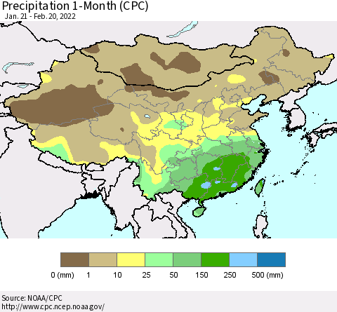 China, Mongolia and Taiwan Precipitation 1-Month (CPC) Thematic Map For 1/21/2022 - 2/20/2022