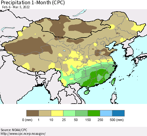 China, Mongolia and Taiwan Precipitation 1-Month (CPC) Thematic Map For 2/6/2022 - 3/5/2022