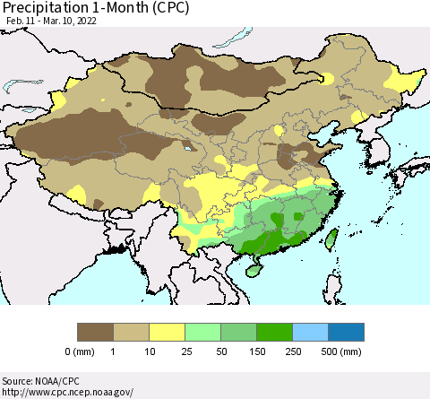 China, Mongolia and Taiwan Precipitation 1-Month (CPC) Thematic Map For 2/11/2022 - 3/10/2022