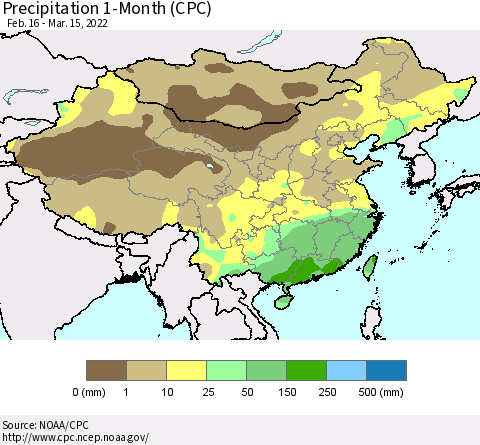 China, Mongolia and Taiwan Precipitation 1-Month (CPC) Thematic Map For 2/16/2022 - 3/15/2022