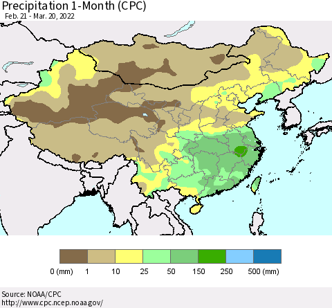 China, Mongolia and Taiwan Precipitation 1-Month (CPC) Thematic Map For 2/21/2022 - 3/20/2022