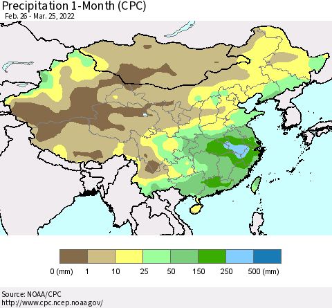 China, Mongolia and Taiwan Precipitation 1-Month (CPC) Thematic Map For 2/26/2022 - 3/25/2022