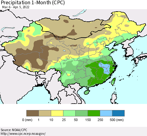 China, Mongolia and Taiwan Precipitation 1-Month (CPC) Thematic Map For 3/6/2022 - 4/5/2022