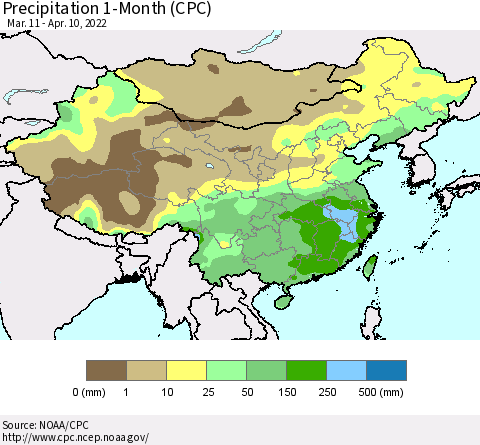 China, Mongolia and Taiwan Precipitation 1-Month (CPC) Thematic Map For 3/11/2022 - 4/10/2022