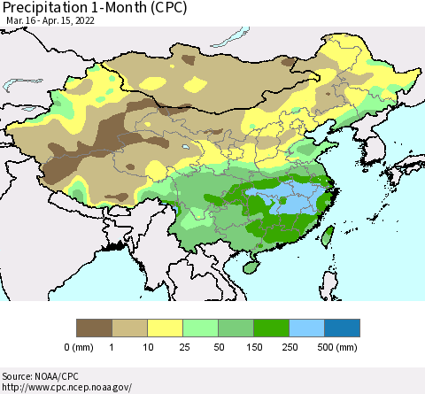 China, Mongolia and Taiwan Precipitation 1-Month (CPC) Thematic Map For 3/16/2022 - 4/15/2022