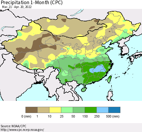 China, Mongolia and Taiwan Precipitation 1-Month (CPC) Thematic Map For 3/21/2022 - 4/20/2022