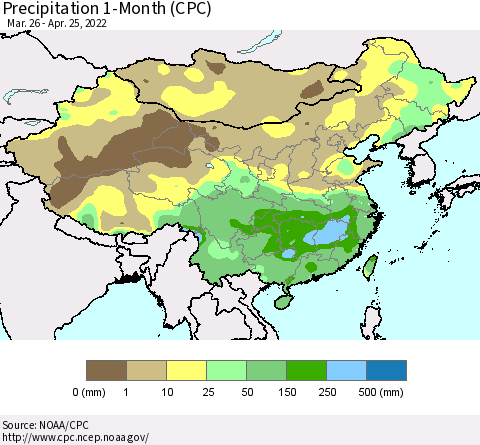 China, Mongolia and Taiwan Precipitation 1-Month (CPC) Thematic Map For 3/26/2022 - 4/25/2022