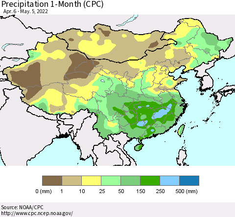 China, Mongolia and Taiwan Precipitation 1-Month (CPC) Thematic Map For 4/6/2022 - 5/5/2022
