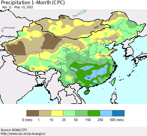 China, Mongolia and Taiwan Precipitation 1-Month (CPC) Thematic Map For 4/11/2022 - 5/10/2022