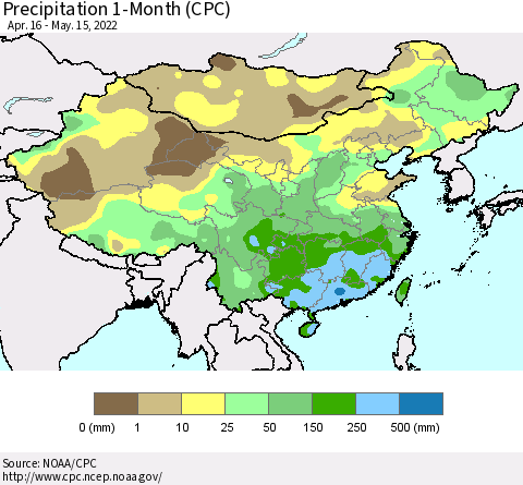 China, Mongolia and Taiwan Precipitation 1-Month (CPC) Thematic Map For 4/16/2022 - 5/15/2022