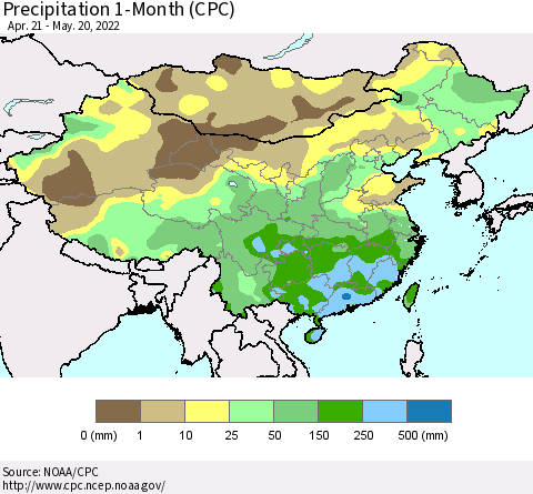China, Mongolia and Taiwan Precipitation 1-Month (CPC) Thematic Map For 4/21/2022 - 5/20/2022