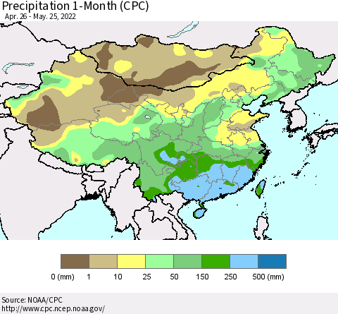 China, Mongolia and Taiwan Precipitation 1-Month (CPC) Thematic Map For 4/26/2022 - 5/25/2022
