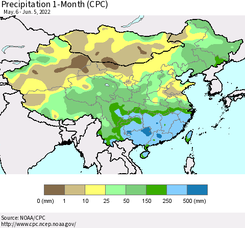 China, Mongolia and Taiwan Precipitation 1-Month (CPC) Thematic Map For 5/6/2022 - 6/5/2022