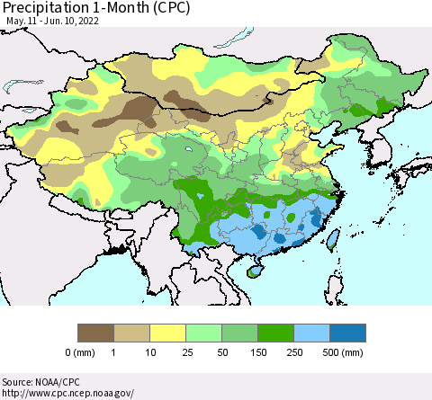 China, Mongolia and Taiwan Precipitation 1-Month (CPC) Thematic Map For 5/11/2022 - 6/10/2022