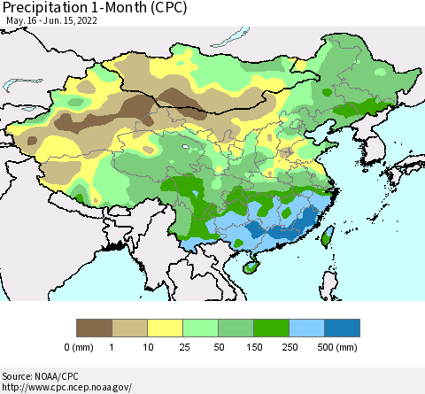 China, Mongolia and Taiwan Precipitation 1-Month (CPC) Thematic Map For 5/16/2022 - 6/15/2022