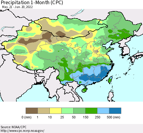 China, Mongolia and Taiwan Precipitation 1-Month (CPC) Thematic Map For 5/21/2022 - 6/20/2022
