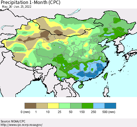 China, Mongolia and Taiwan Precipitation 1-Month (CPC) Thematic Map For 5/26/2022 - 6/25/2022