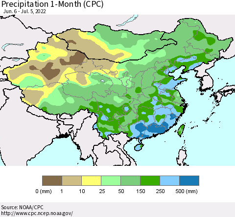 China, Mongolia and Taiwan Precipitation 1-Month (CPC) Thematic Map For 6/6/2022 - 7/5/2022