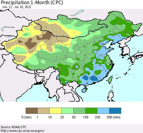 China, Mongolia and Taiwan Precipitation 1-Month (CPC) Thematic Map For 6/11/2022 - 7/10/2022