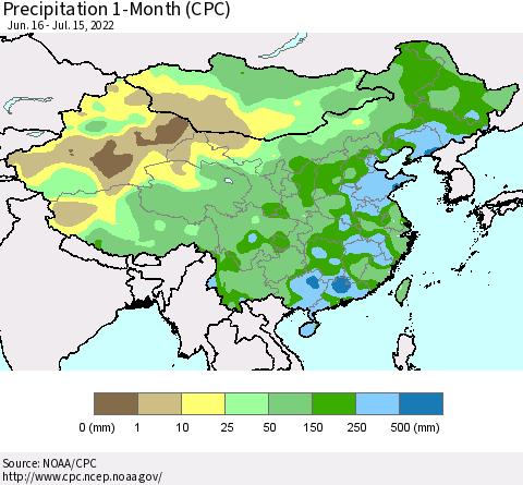 China, Mongolia and Taiwan Precipitation 1-Month (CPC) Thematic Map For 6/16/2022 - 7/15/2022
