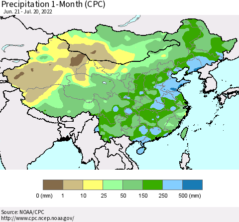 China, Mongolia and Taiwan Precipitation 1-Month (CPC) Thematic Map For 6/21/2022 - 7/20/2022