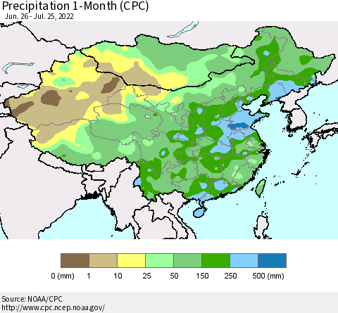 China, Mongolia and Taiwan Precipitation 1-Month (CPC) Thematic Map For 6/26/2022 - 7/25/2022